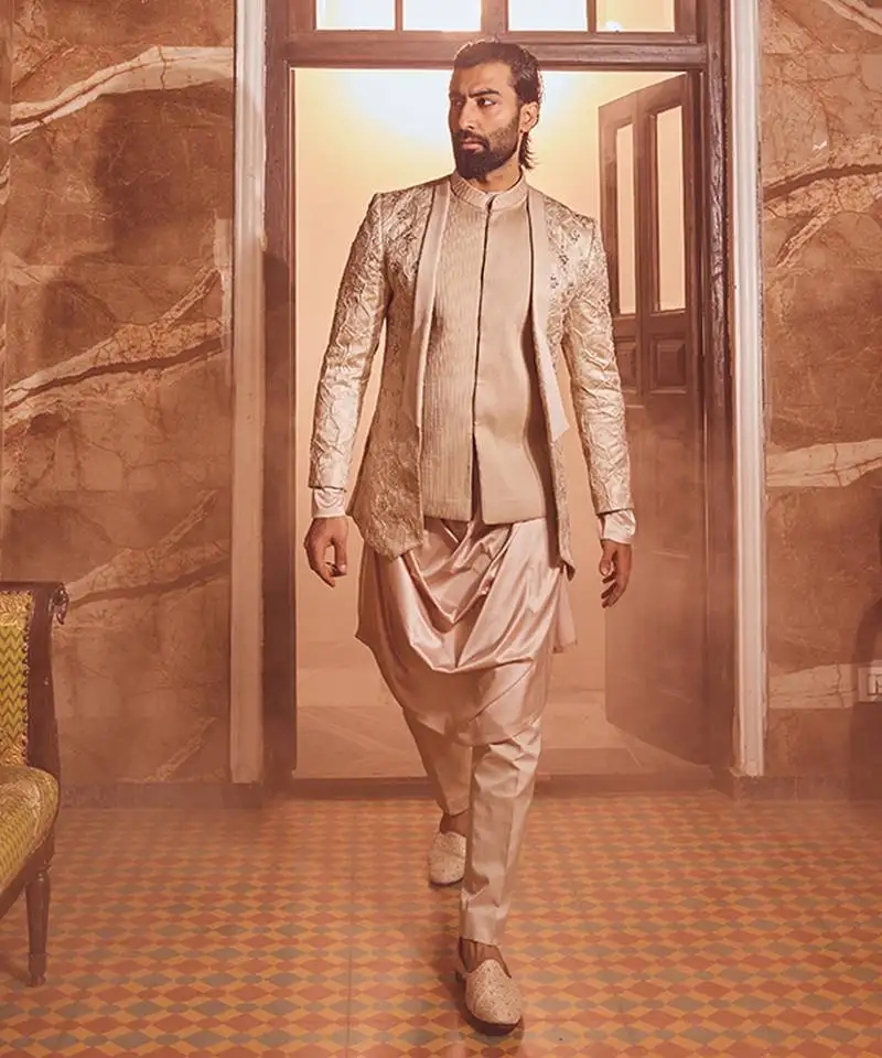 Champagne embossed silk brocade open indo-western