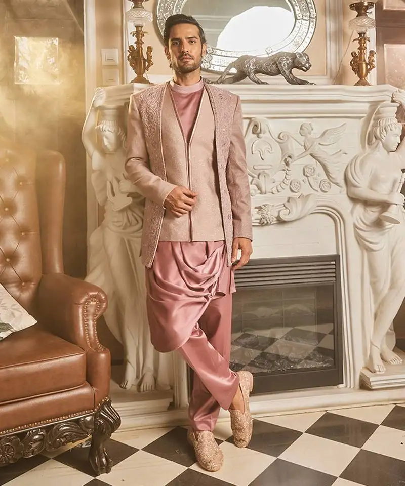 Lilac silk brocade embroidered bandhgala set