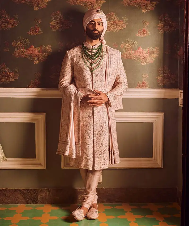 Light pink palm silk hand-embroidered sherwani