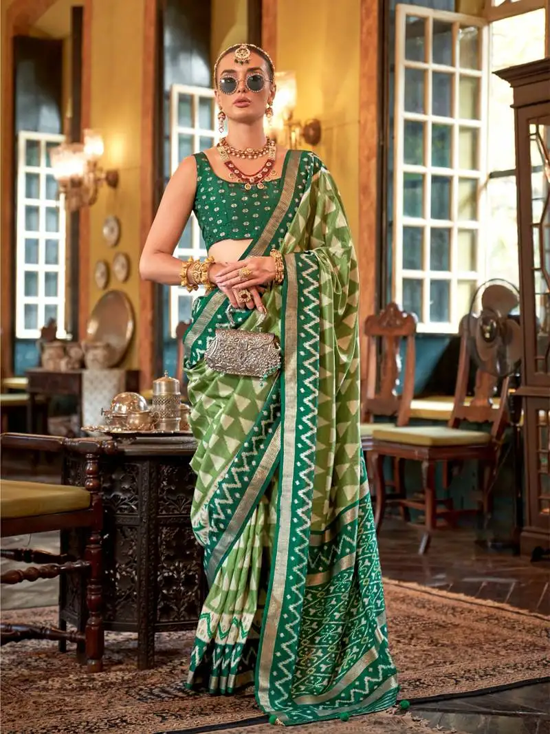 Olive green polyester viscose silk patola printed saree