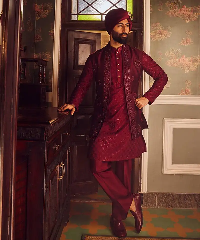 Ruby chanderi embroidered open kurta bundi set