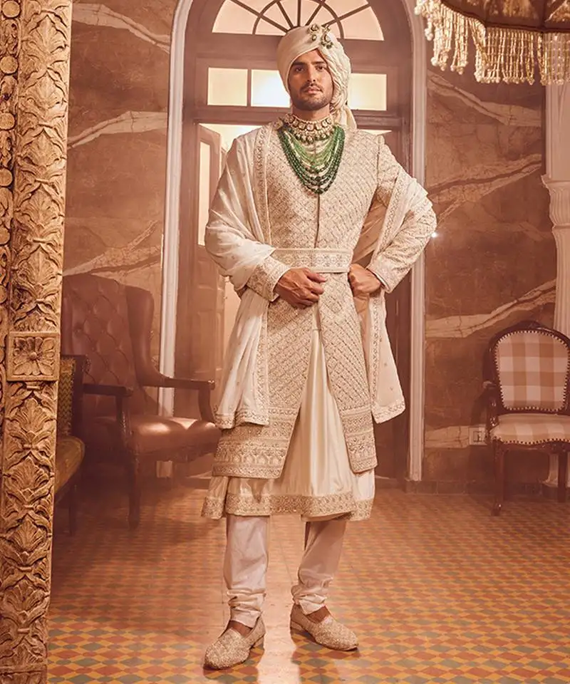 Ivory raw silk zardozi embroidered sherwani