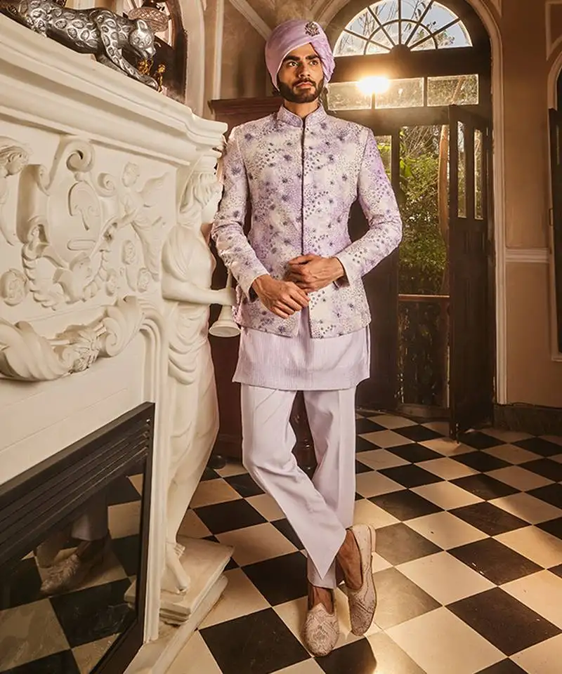 Lilac chanderi silk tie-dye embroidered bandhgala set