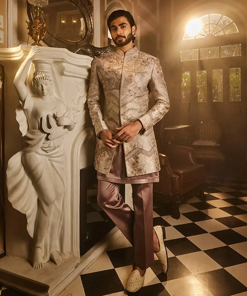 Ash grey embellished raw silk indo-western set