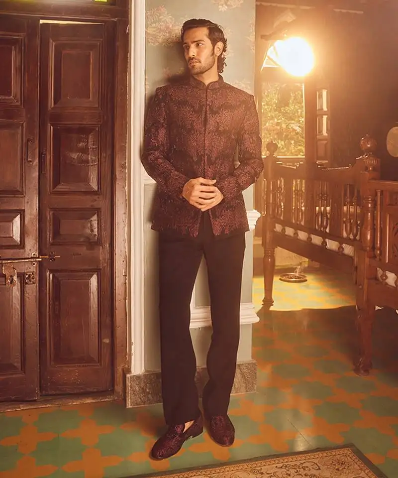 Wine tigene pitta embroidered bandhgala