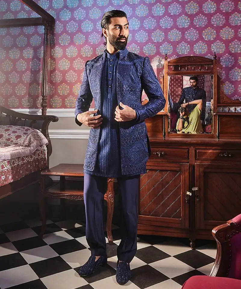 Navy open raw silk embroidered indo-western set