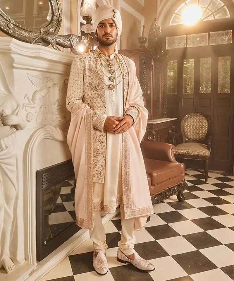 Ivory raw silk open embroidered sherwani
