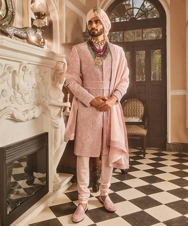 Crepe pink raw silk embroidered sherwani