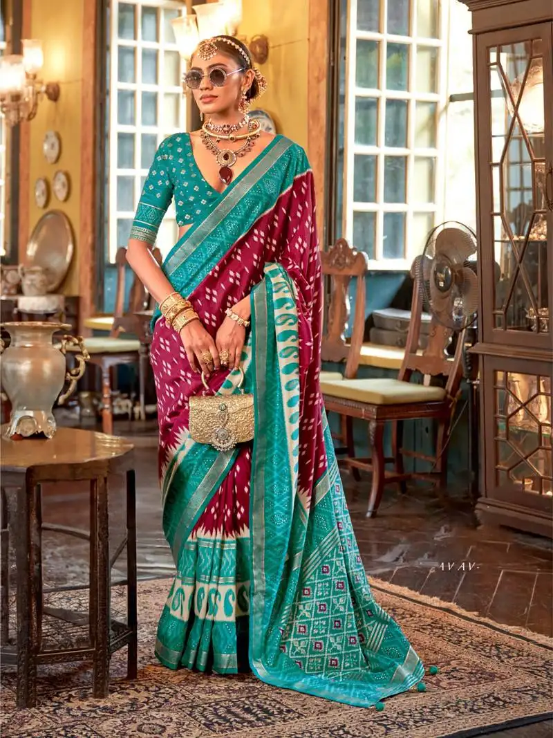 Maroon polyester viscose silk patola printed saree