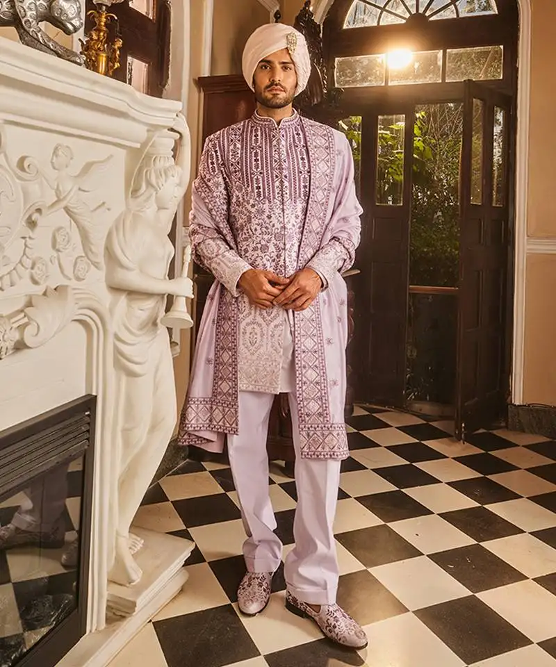 Lilac ombre chanderi embroidered sherwani