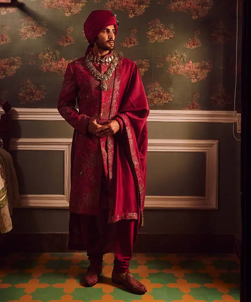 Wine pitta moti silk embroidered sherwani