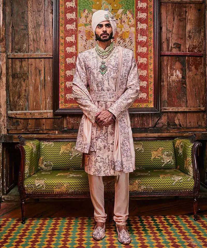 Peach chanderi moti embroidered sherwani