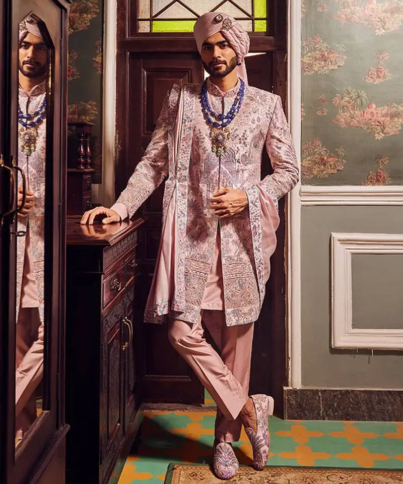 Raw silk pink panel embroidered sherwani