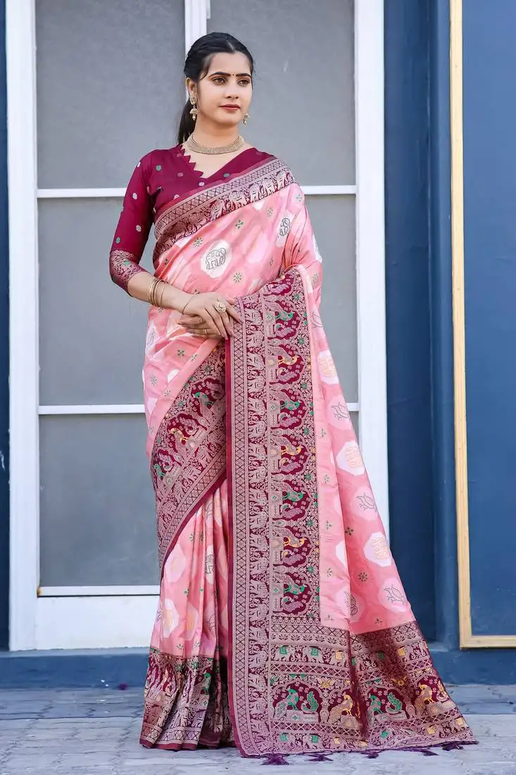 Pink zari work pashmina silk blend tranding heavy saree with blouse for party wear
