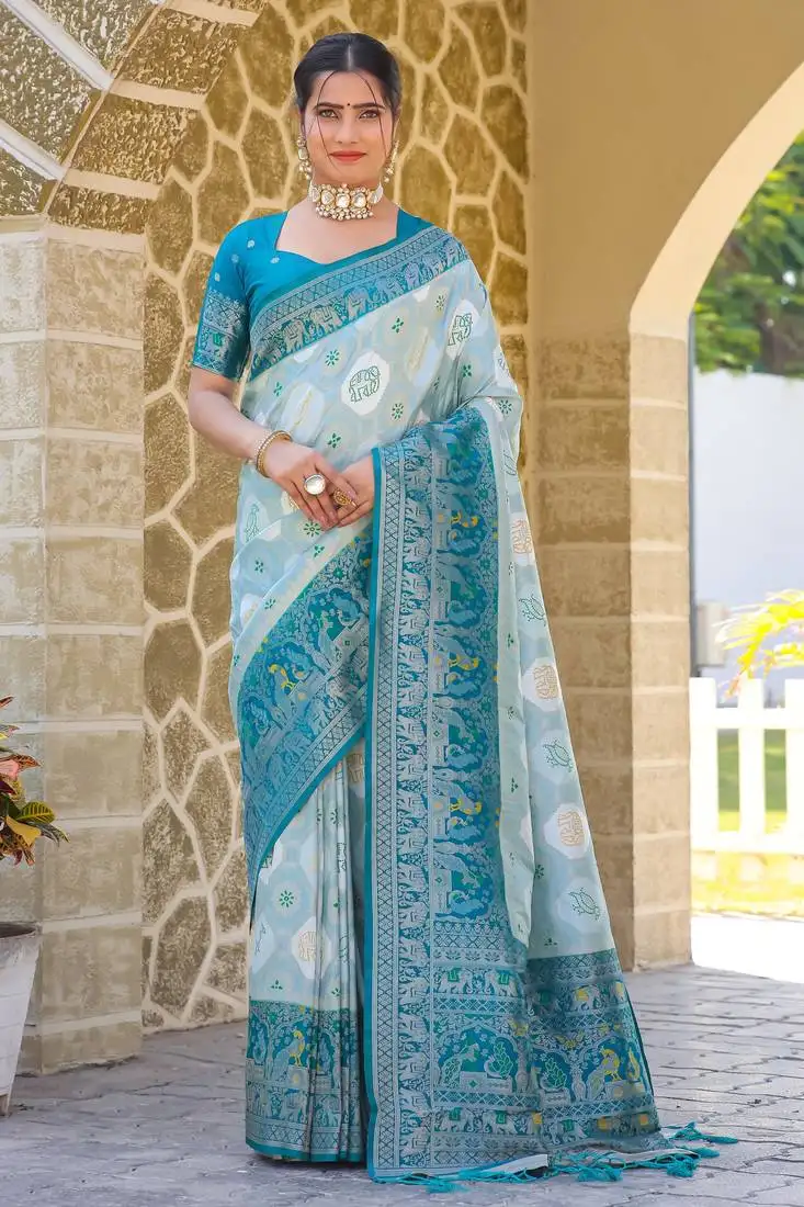 Blue zari work pashmina silk blend heavy fancy saree with blouse for party wear