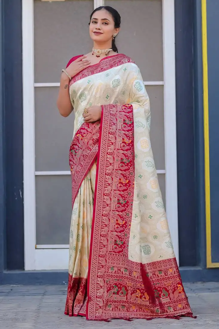White and red zari work pashmina silk blend heavy saree with blouse for party wear