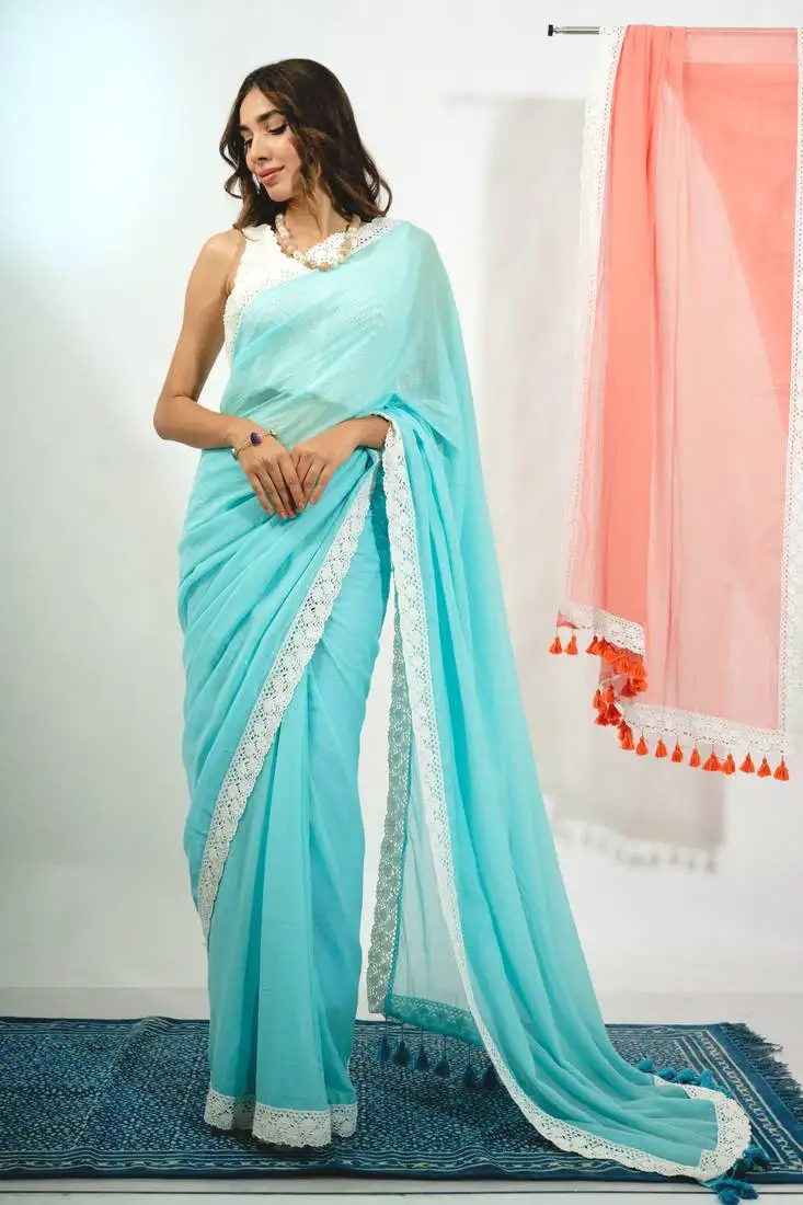 blue mul cotton saree with crochet border