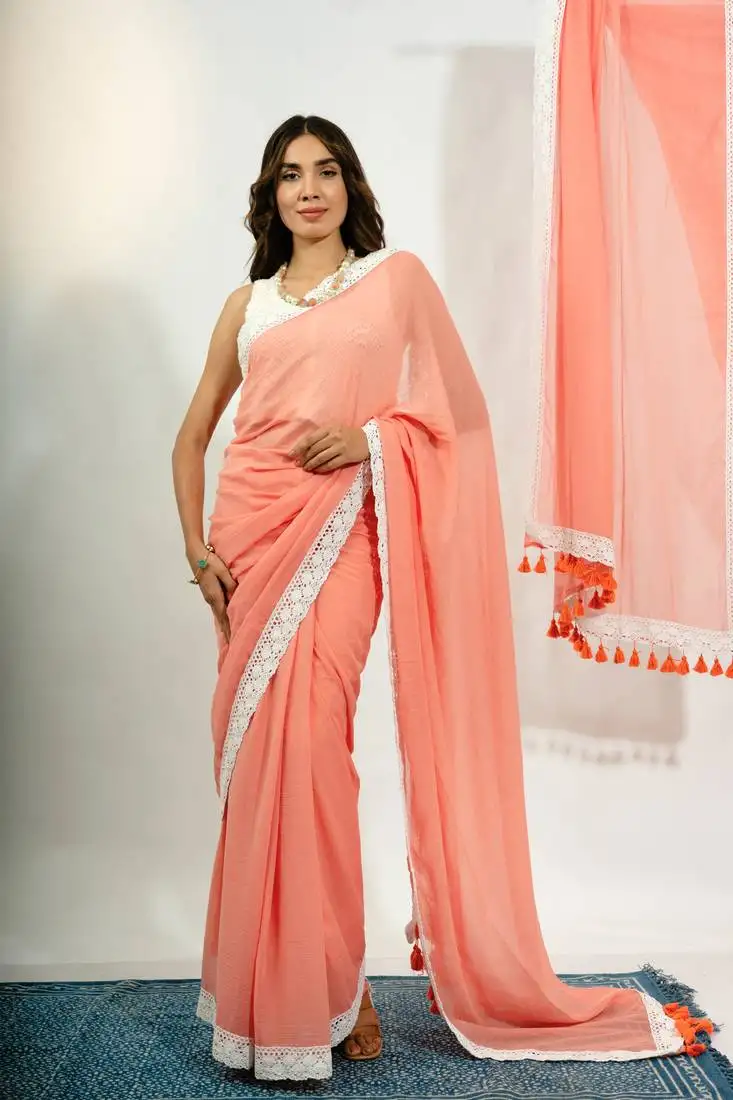 Peach mul cotton saree with crochet border