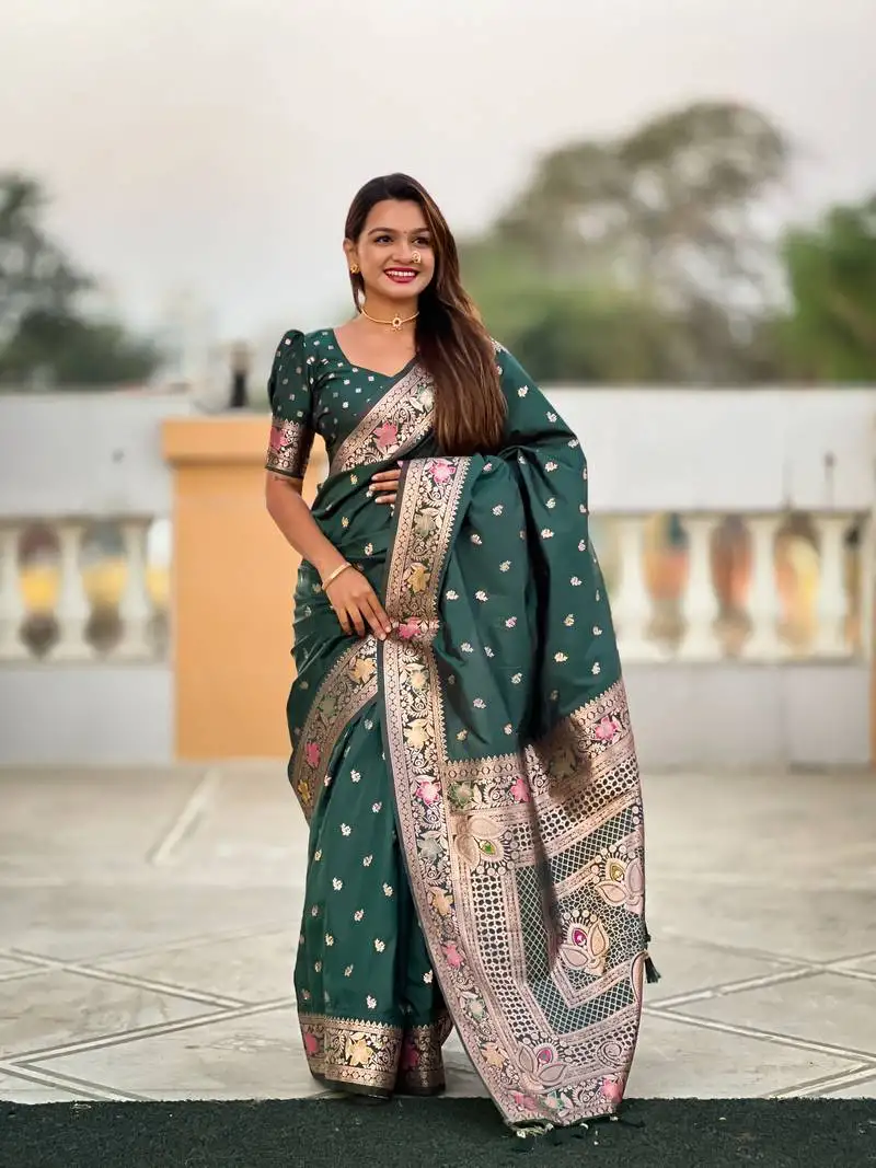 Green soft silk blend saree with zari weaving meenakari design
