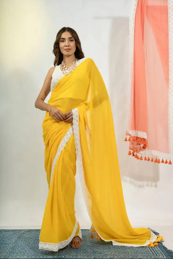 Yellow mul cotton saree with crochet border