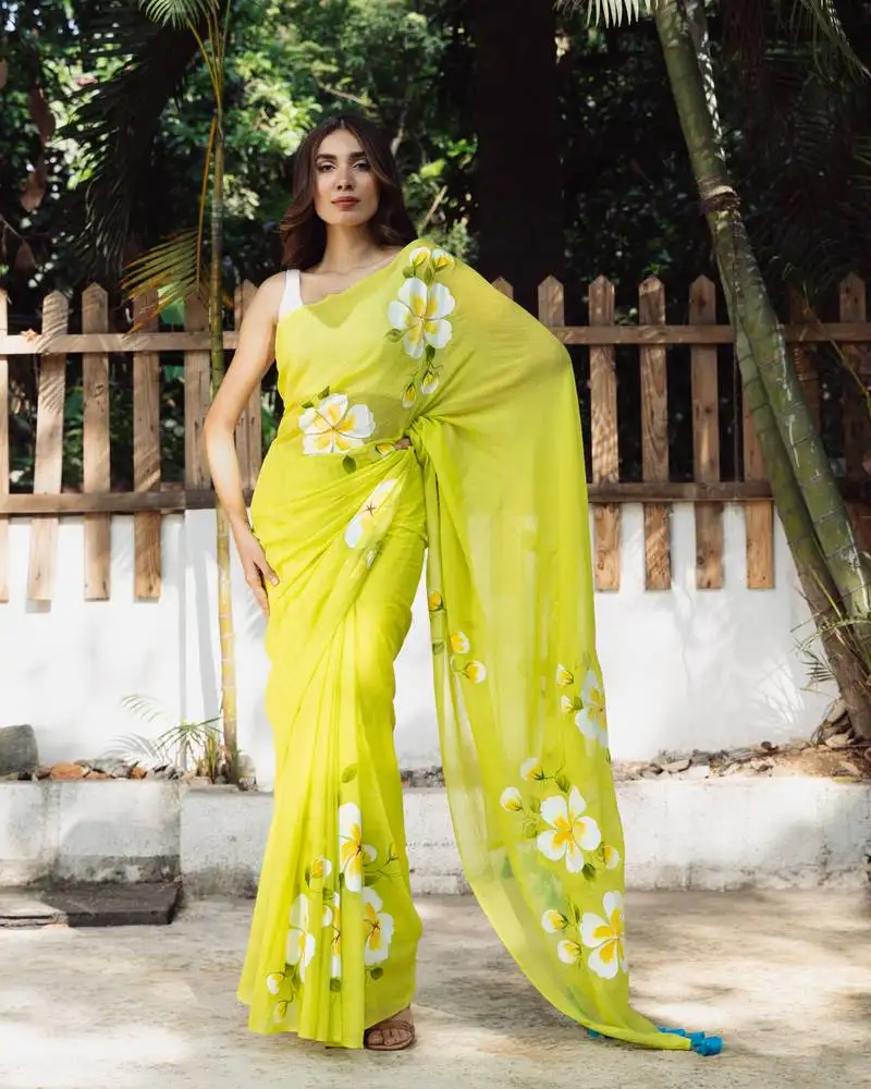 Dark lime hand painted mul cotton saree