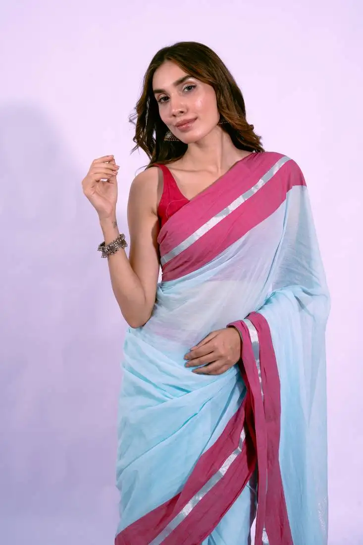 Blue mul cotton saree with contrast border