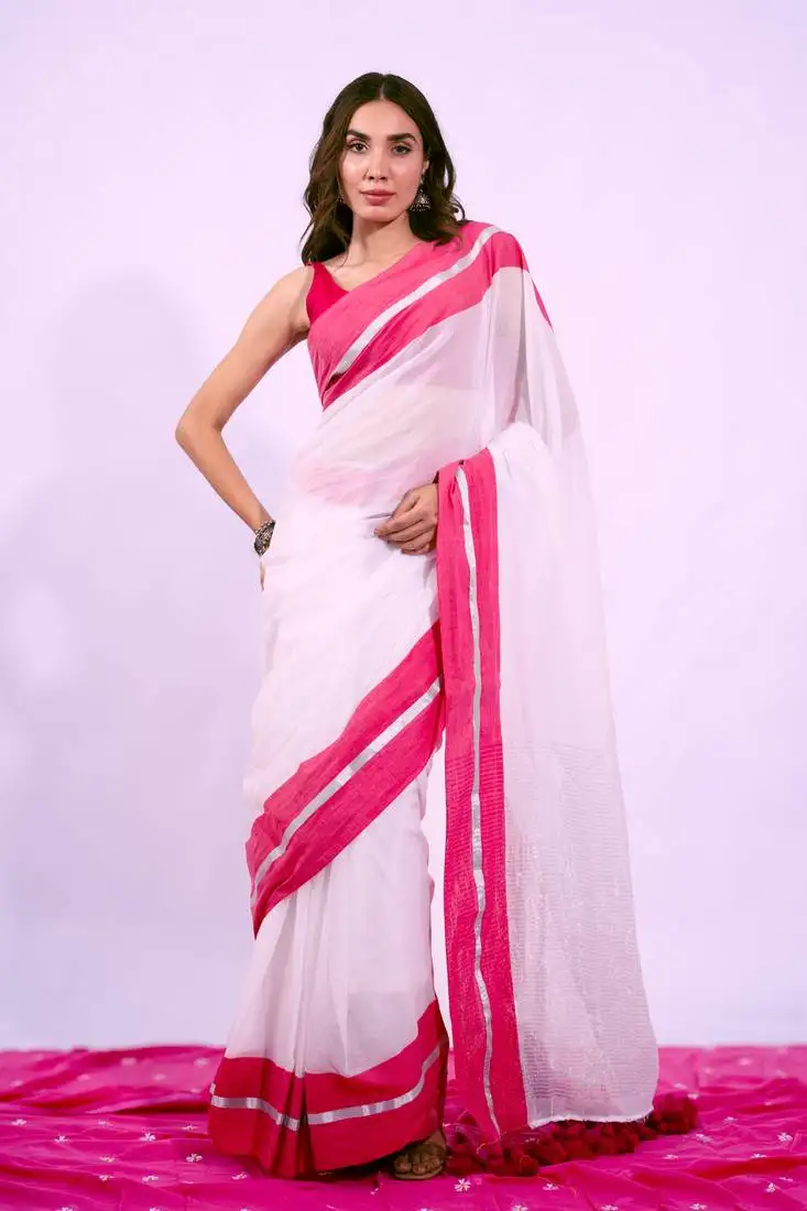 White mul cotton saree with contrast border