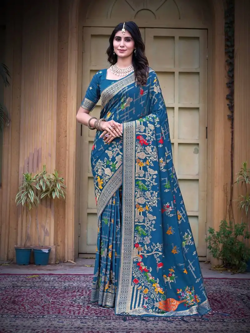 Blue color heavy zari work pashmina silk blend saree