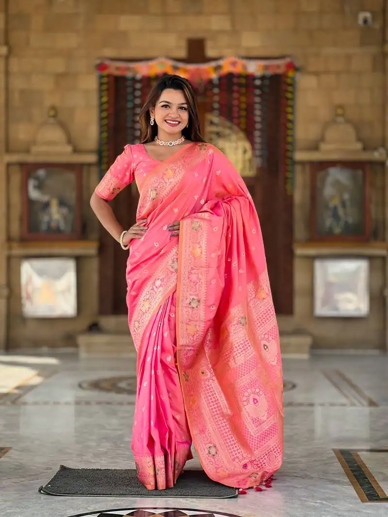 Pink soft silk blend saree with zari weaving meenakari design