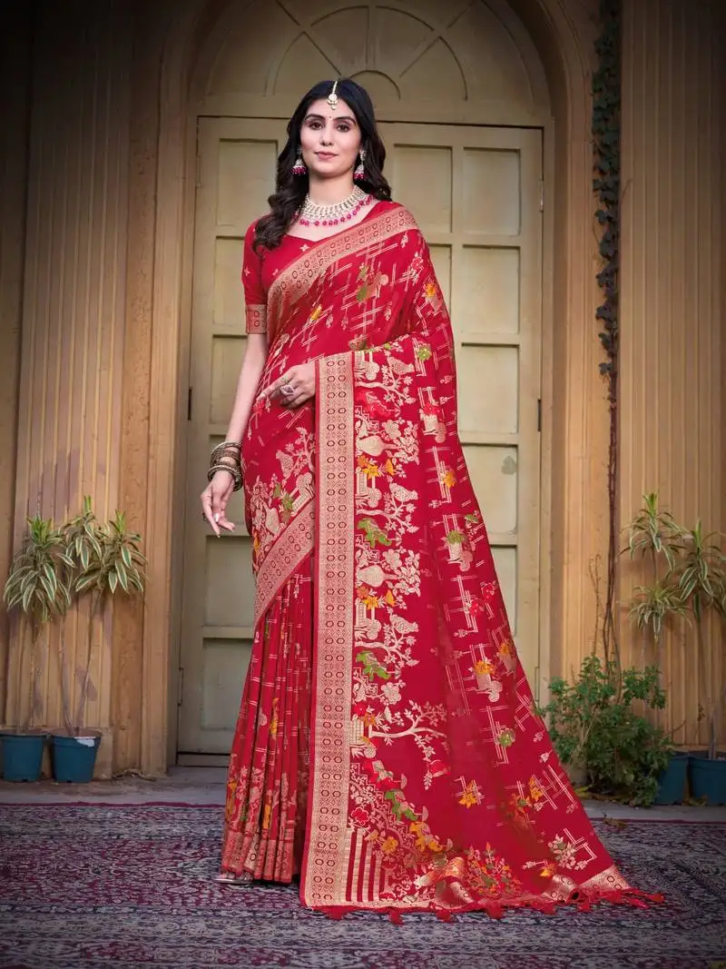 Red color heavy zari work pashmina silk blend saree