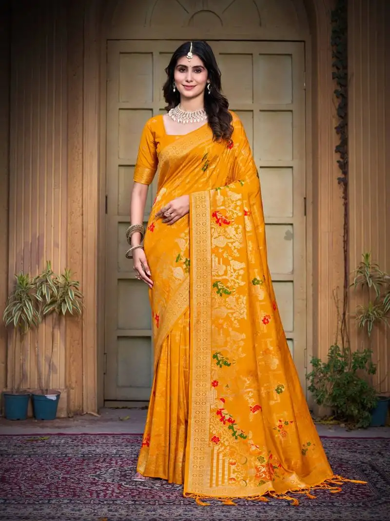 Yellow heavy zari work pashmina silk blend design saree