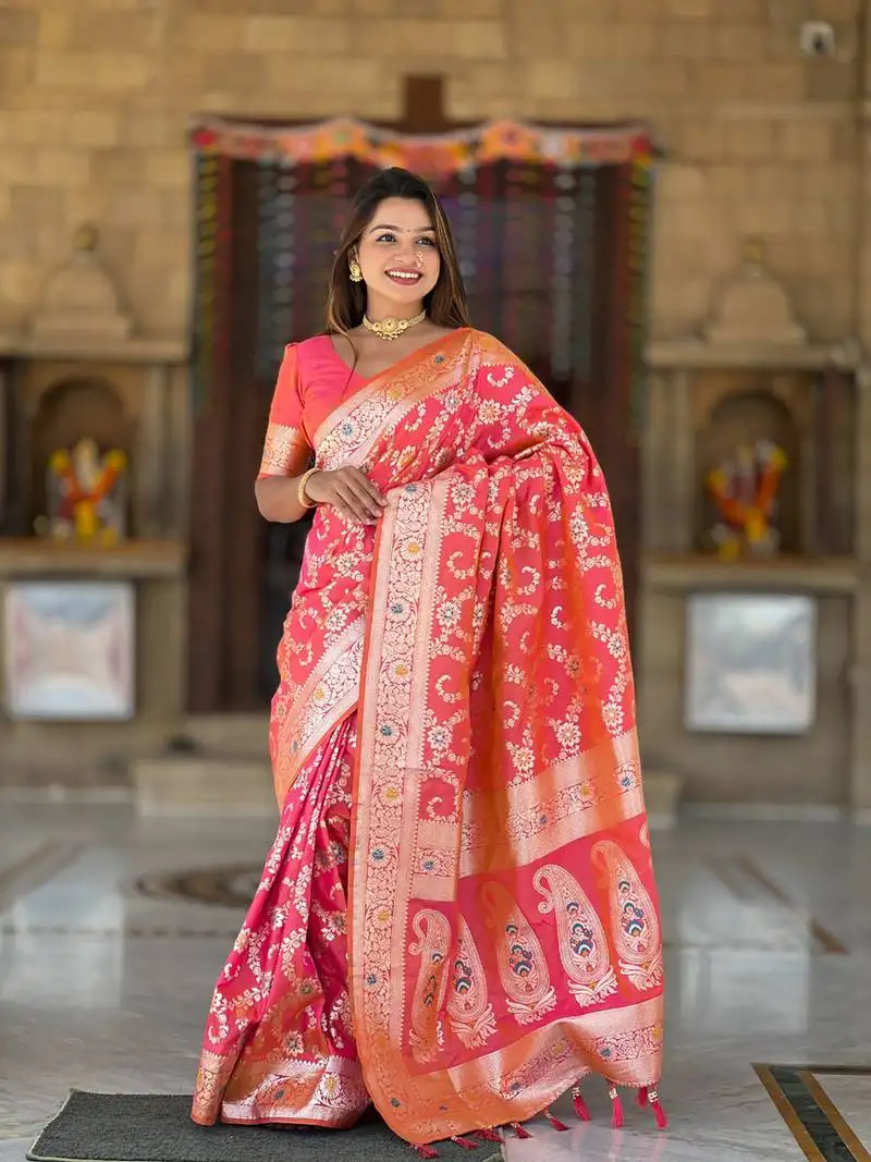 Red weaving zari meenakari work silk blend saree