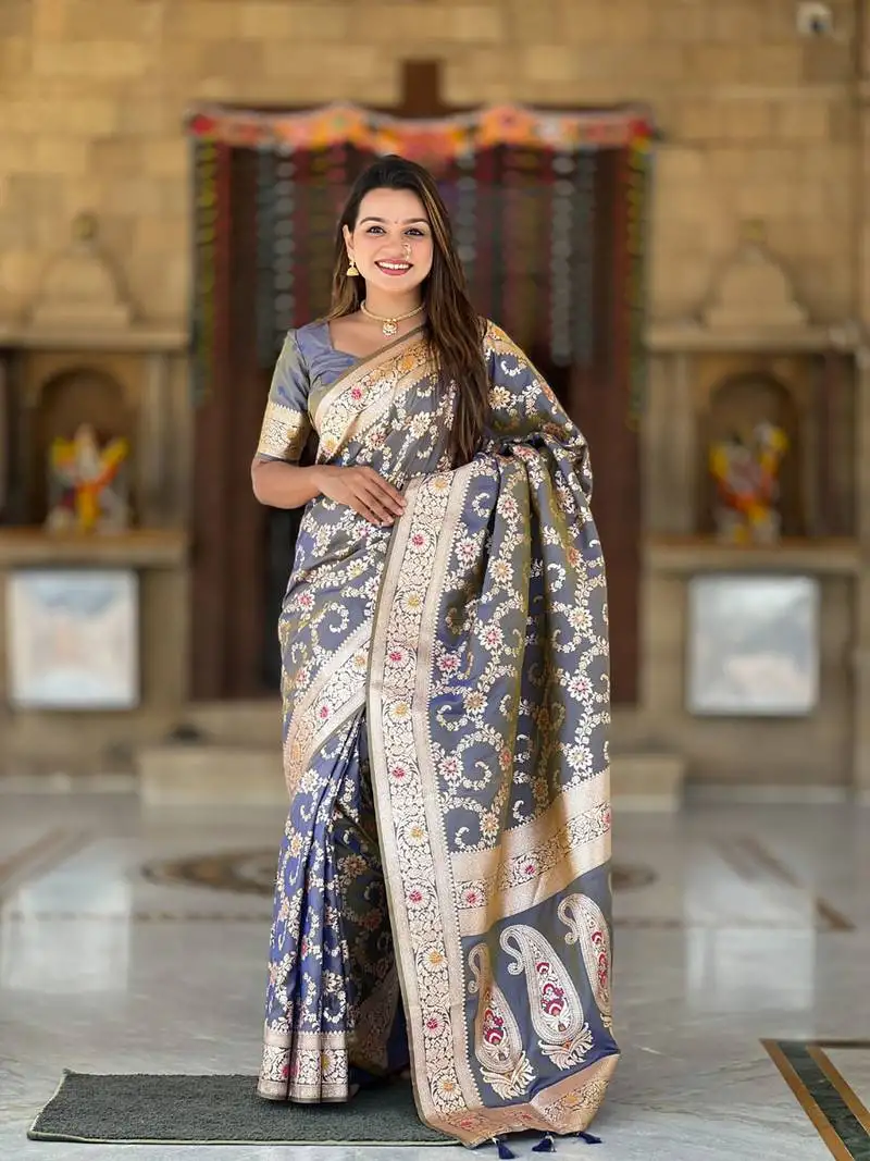 Grey weaving zari meenakari work silk blend saree