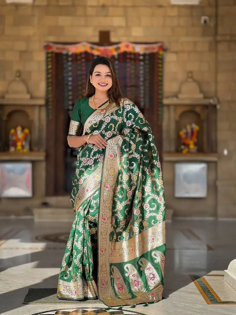 Green weaving zari meenakari work silk blend saree