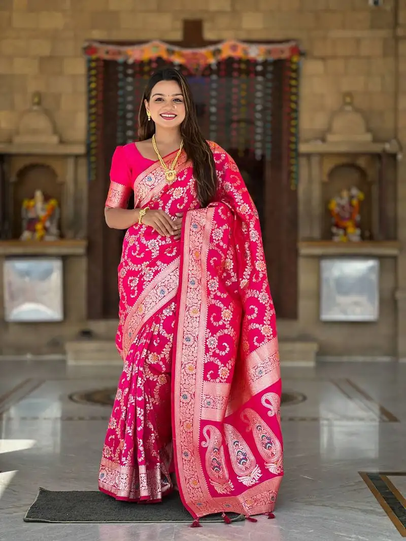 Magenta weaving zari meenakari work silk blend saree