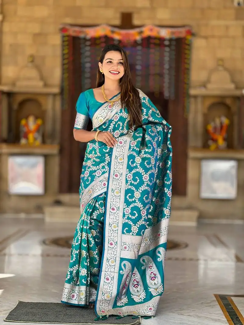 Teal green weaving zari meenakari work silk blend saree