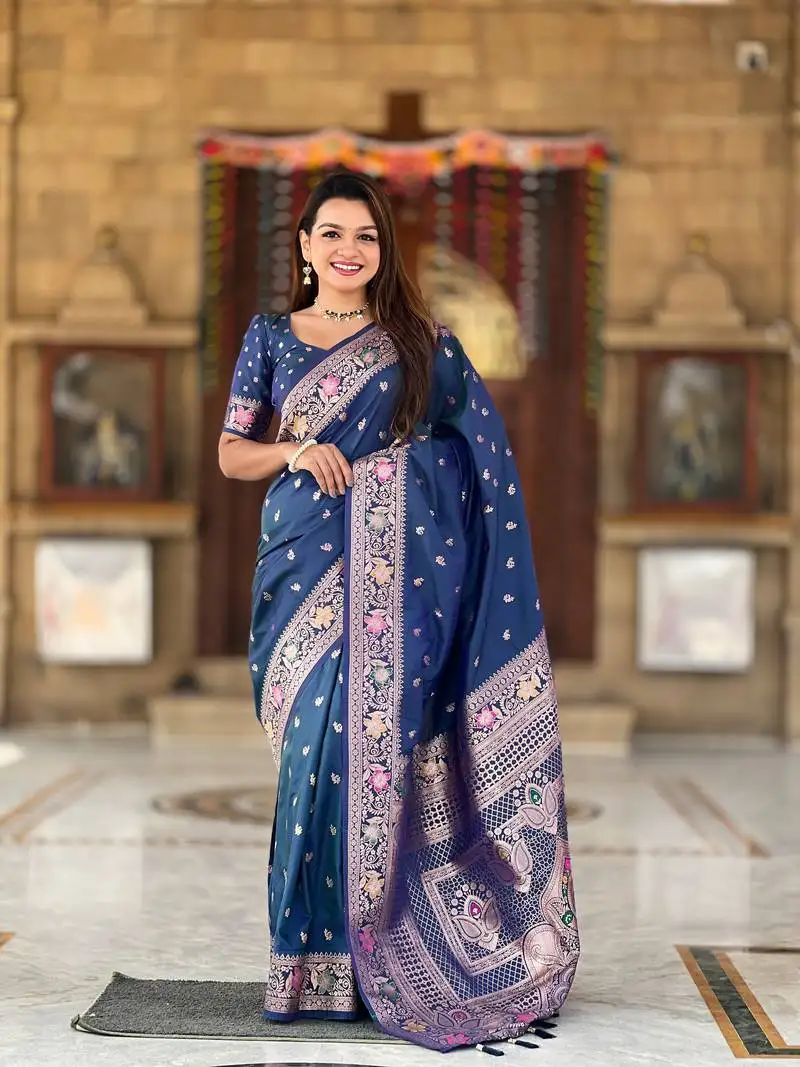 Blue soft silk blend saree with zari weaving meenakari design