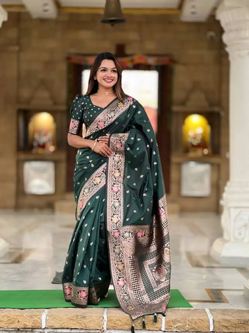 Teal green weaving work banarasi silk blend saree