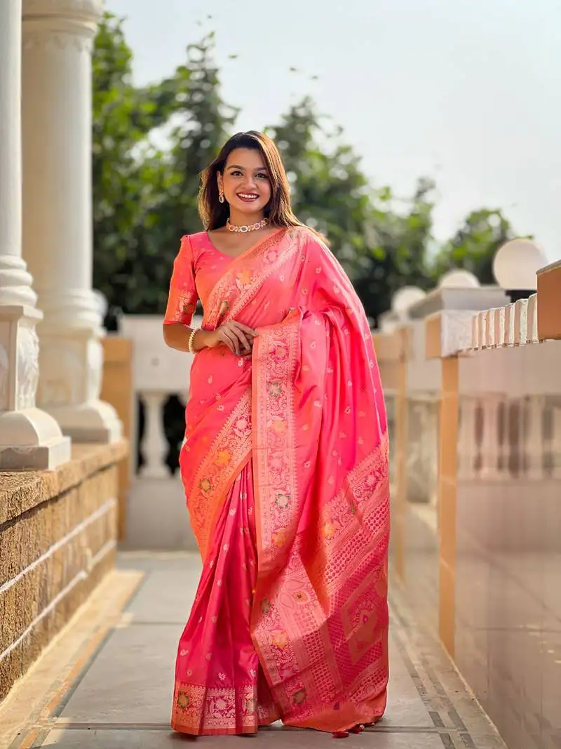 Peach weaving zari work banarasi silk blend saree