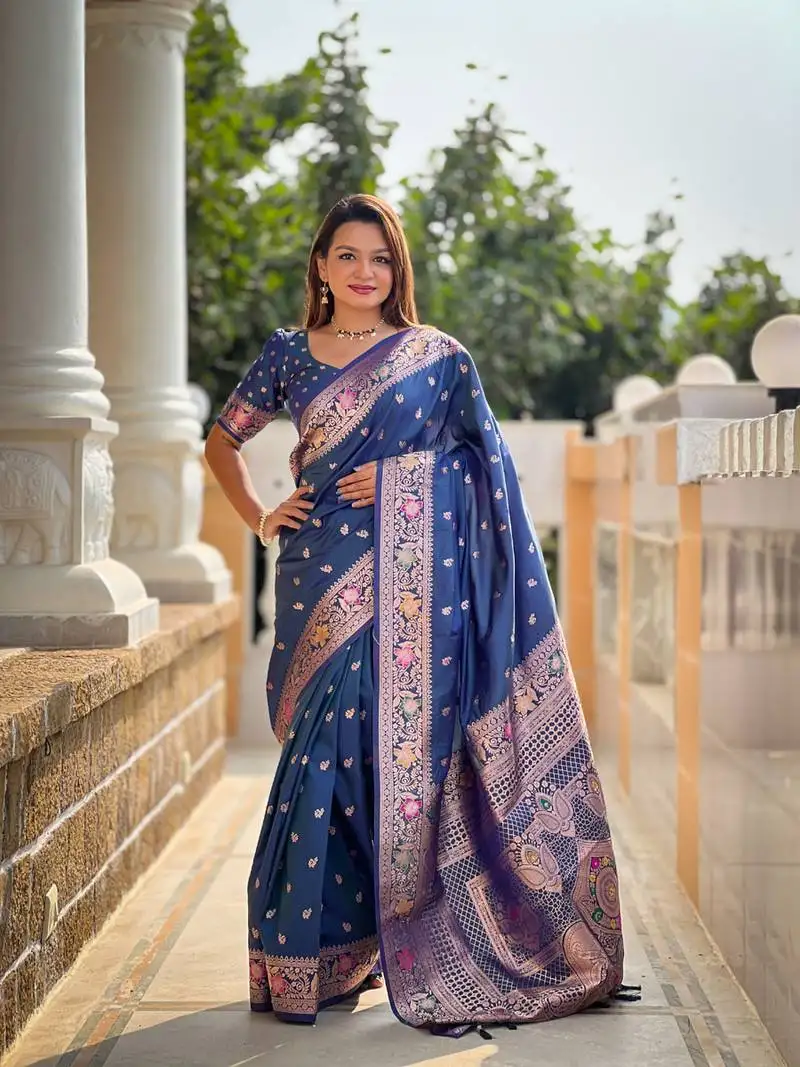Blue weaving zari work banarasi silk blend saree