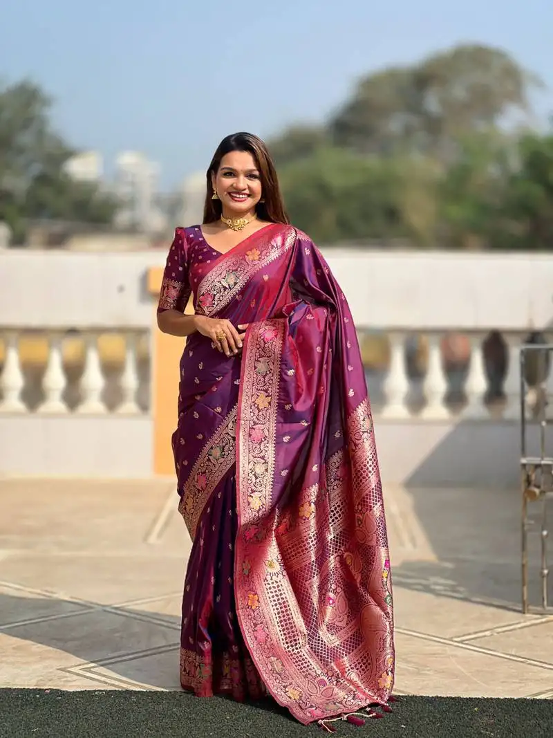 Purple weaving zari work banarasi silk blend saree