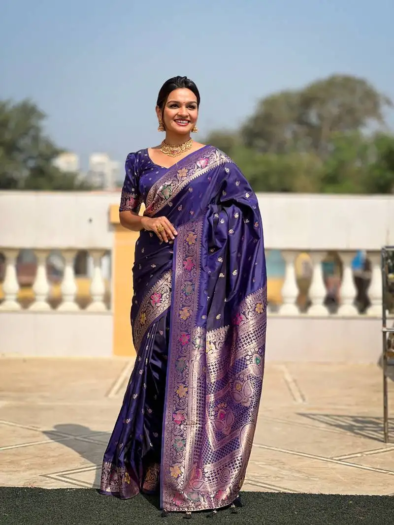 Navy blue weaving zari work banarasi silk blend saree