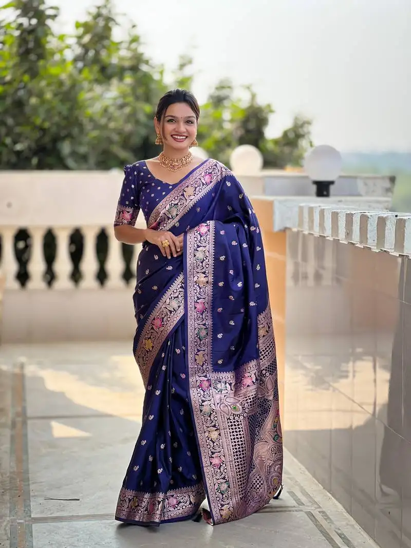 Navy blue soft silk blend saree with zari weaving meenakari design