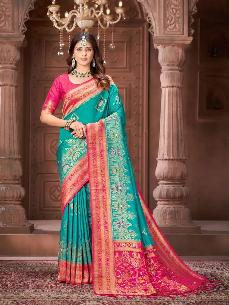 Blue zari woven pashmina silk blend designer pink border heavy saree with fancy blouse