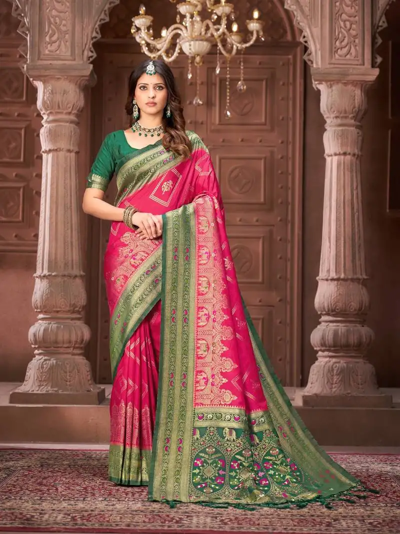 Pink zari woven pashmina silk blend designer green border heavy saree with fancy blouse