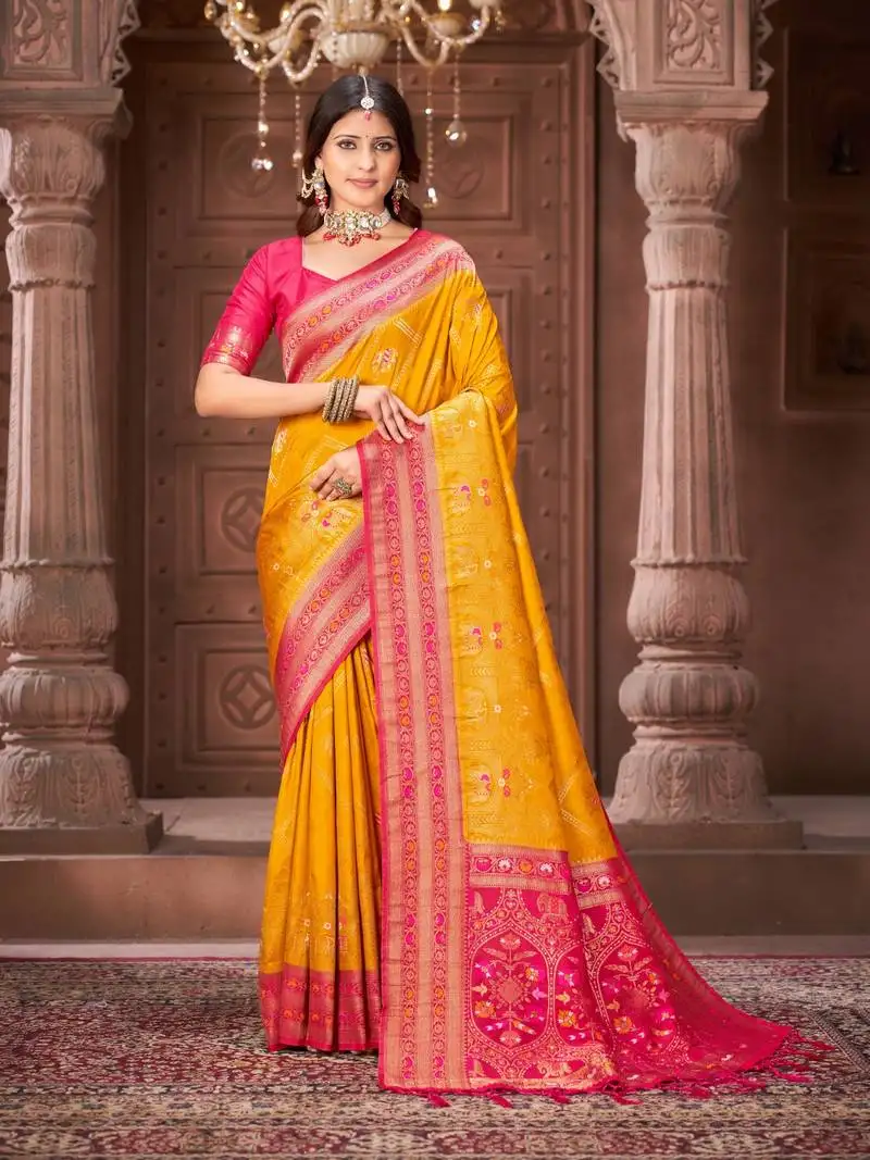 Yellow zari woven pashmina silk blend designer pink border heavy saree with fancy blouse