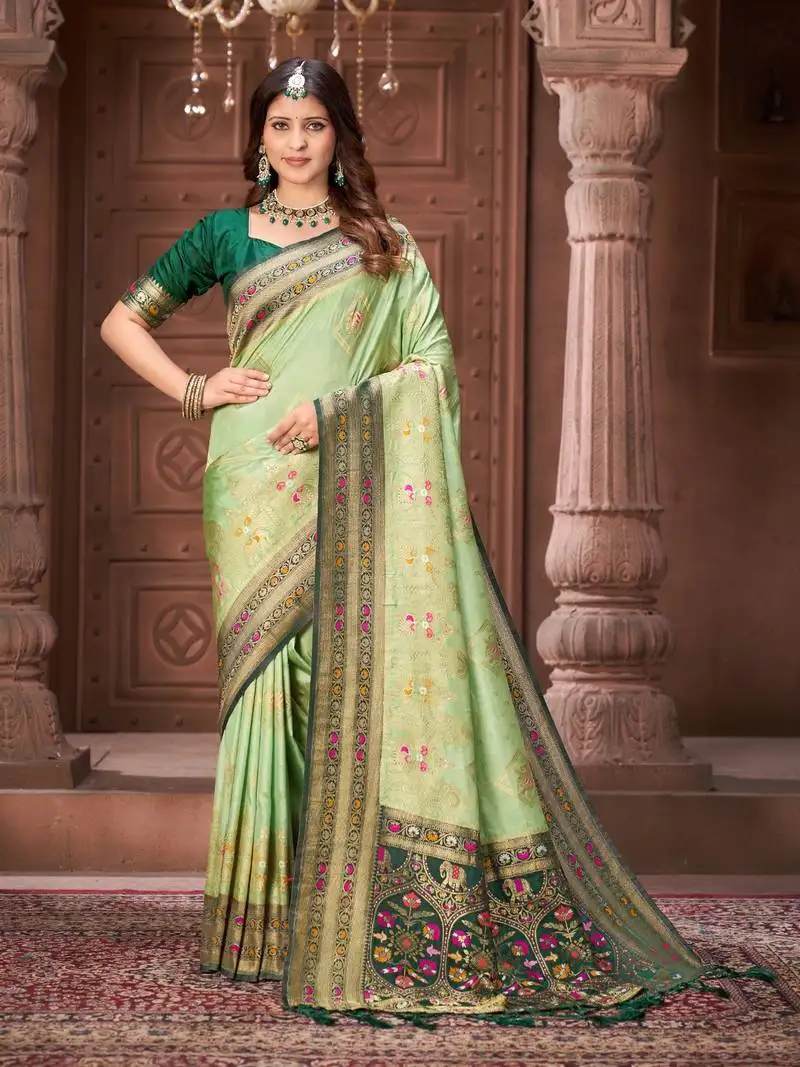 Pista zari woven pashmina silk blend designer green border heavy saree with fancy blouse