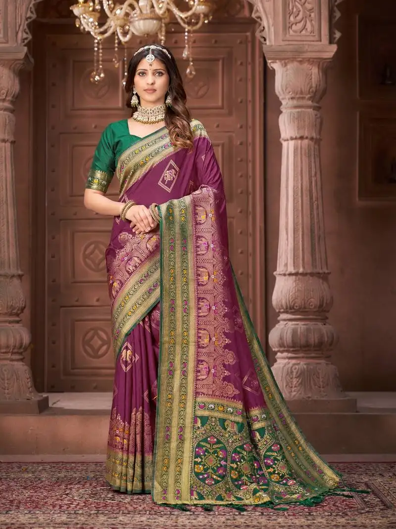 Purple zari woven pashmina silk blend designer green border heavy saree with fancy blouse