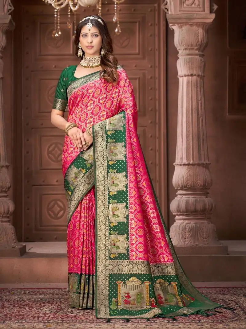 Pink pashmina silk blend zari woven work heavy designer border saree for wedding wear