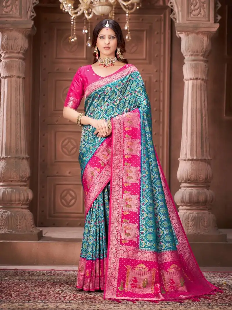 Blue pashmina silk blend zari woven work heavy designer border saree for wedding wear